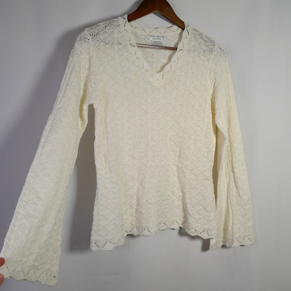 VTG Worthington Boho Open Knit Flare Sleeve Sweater Size S Beach Coastal Cowgirl